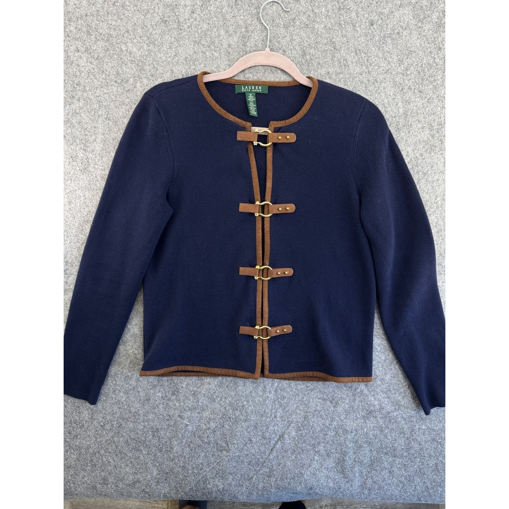 Lauren Ralph Lauren Navy Blue Cardigan Sweater Suede Trim Gold Buckle Women's M
